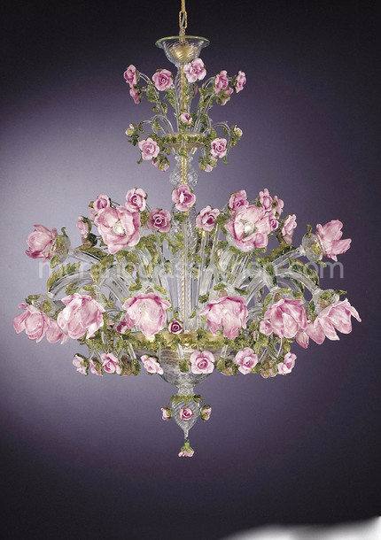Lampadario Rosai, Lampadario con fiori in pasta rosa a tre luci
