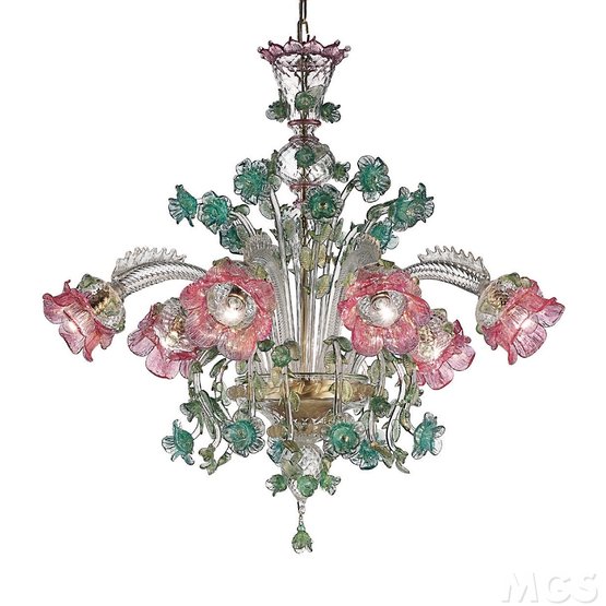 Lampadario Fiorito, Lampadario in cristallo con oro 24k e decori colore rosa e verde