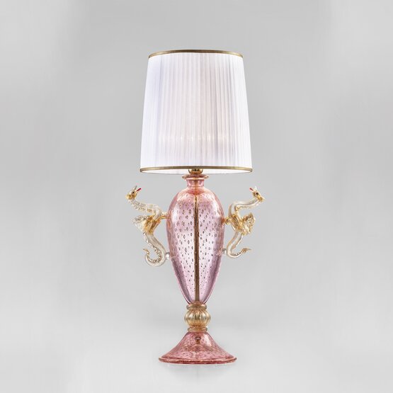 Lampada da tavolo Aegon, Lampada in colore rosa con decoro in oro