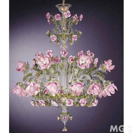 Lampadario Rosai, Lampadario con fiori in pasta rosa a diciotto luci