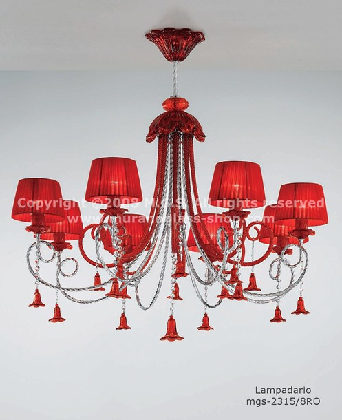 Lampadario con paralumi serie 2315, Lampadario con paralumi in colore rosso a cinque luci