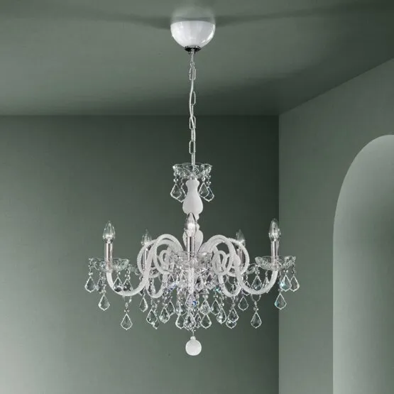 Lampadario Boemia Bright, Lampadario stile boemia bianco e cristallo