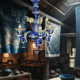Lampadario a tre luci in colore blu oro