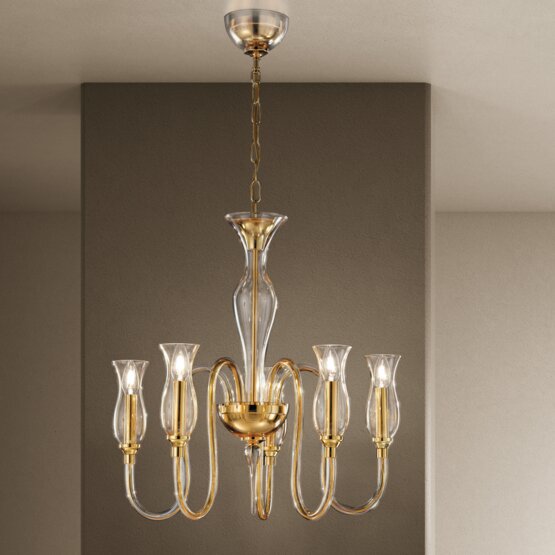 Lampadario Teodato, Lampadario moderno con decoro ambra a cinque luci