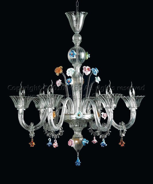 Lampadario Ponti, Lampadario in cristallo con dettagli in pasta colorata a sei luci