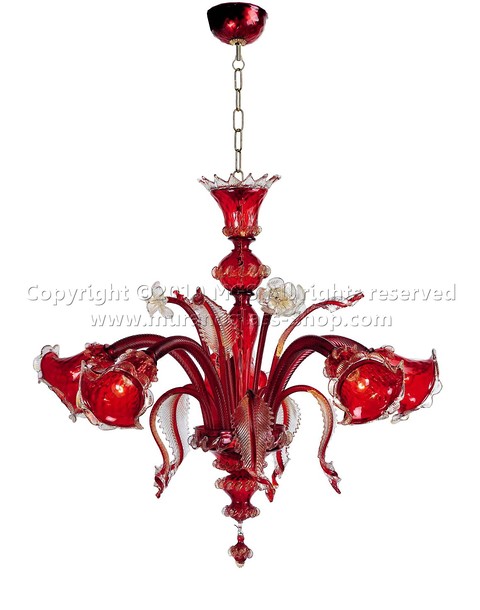 Lampadario Vulcano, Lampadario rosso ed oro a cinque luci