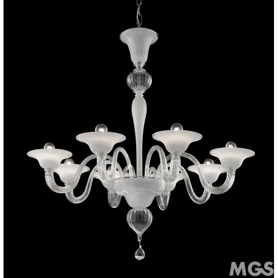 Lampadario Acheo, Lampadario serie 8166, 12 luci, colore bianco latte e cristallo