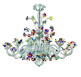 Lampadario in cristallo con fiori multicolore a cinque luci