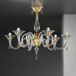 Lampadario in cristallo ed ambra a sei luci