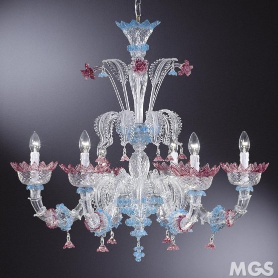 Lampadario Damasco, Lampadario in colore rosa e celeste