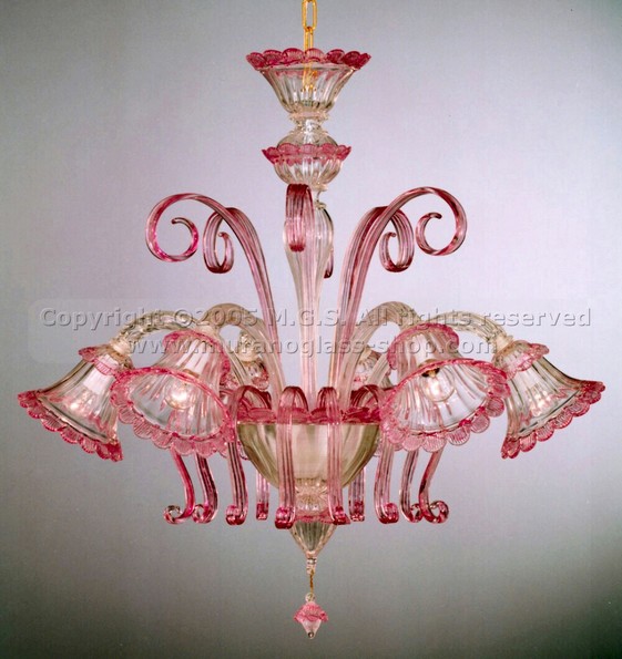 Lampadari serie 401, Lampadario in cristallo con decoro rubino a sei luci.