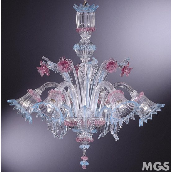 Lampadario Martens, Lampadario in cristallo con dettagli celeste e rosa