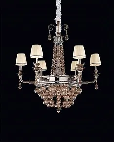 Lampadario con sfere soffiate in cristallo fumé, finiture in argento