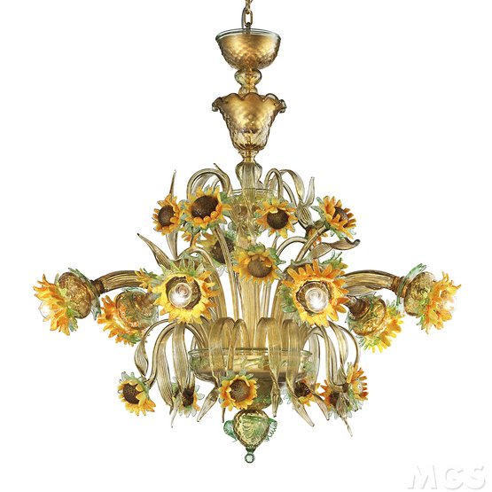 Lampadario Girasole, Lampadario in cristallo e ambra con bellissimi girasoli in pasta colorata.