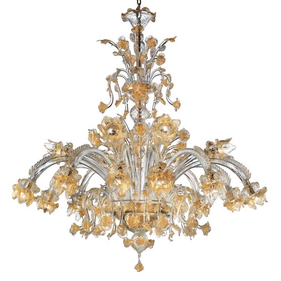 Lampadario Fiorito, Lampadario in cristallo e oro con cimiere
