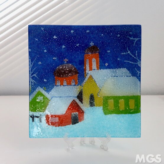 Vassoio villaggio innevato, Vassoio in vetro multicolore con villaggio innevato
