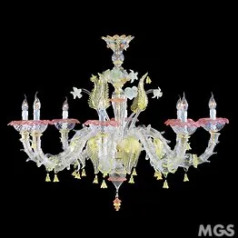 Lampadario tipo Ca' Rezzonico in cristallo oro decoro rosa e verde