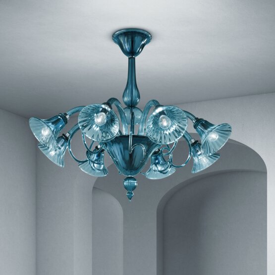 Lampadario Venier, Lampadario in cristallo colore blu ad otto luci