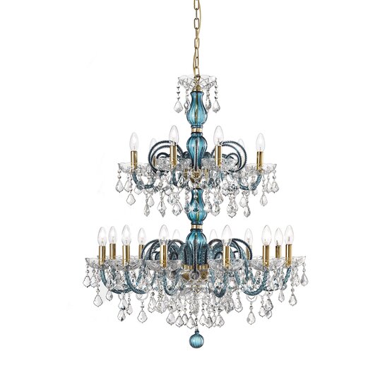 Lampadario Boemia Bright, Lampadario colore blu e dettagli in cristallo