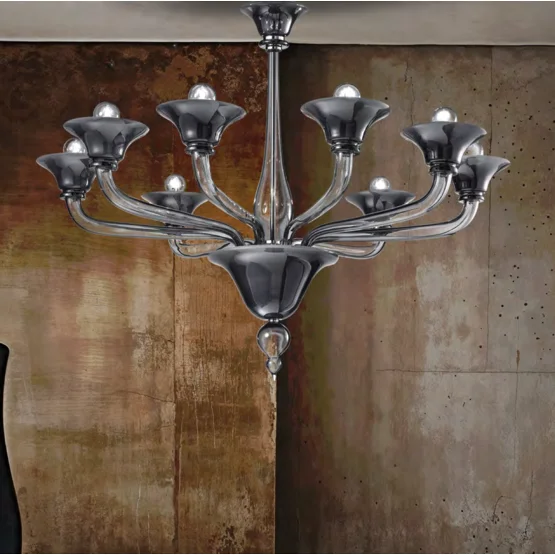 Lampadario Corner, Lampadario Corner ad 8 luci in colore bianco latte e grigio