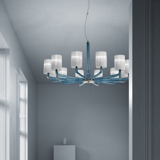 Lampadario Can Can, Lampadario in colore blu con paralumi in colore bianco