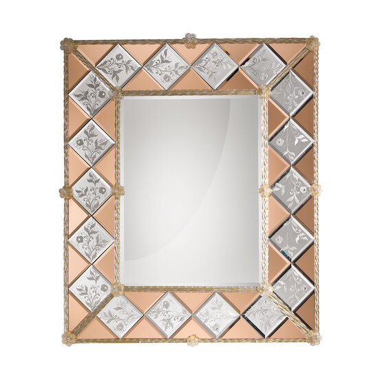 Specchio Tersicore, Incisioni e Decorazioni in Vetro di Murano realizzate a mano