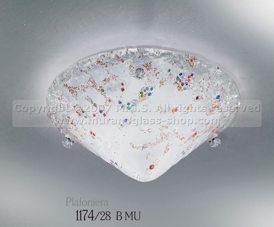 Plafoniere Murano serie 1174, Plafoniera in vetro bianco con murrine