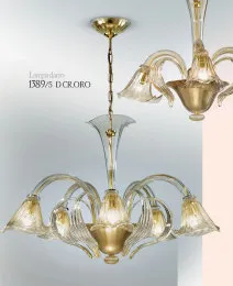 Lampadario in cristallo a sei luci con decoro oro