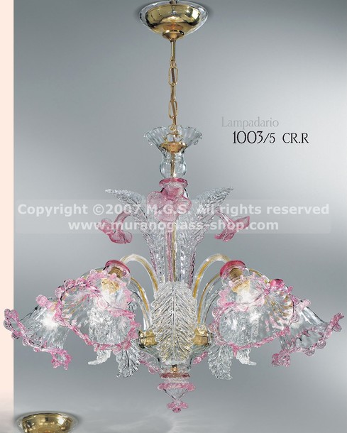 Lampadari serie 1003, Lampadario in cristallo con decoro rubino a tre luci